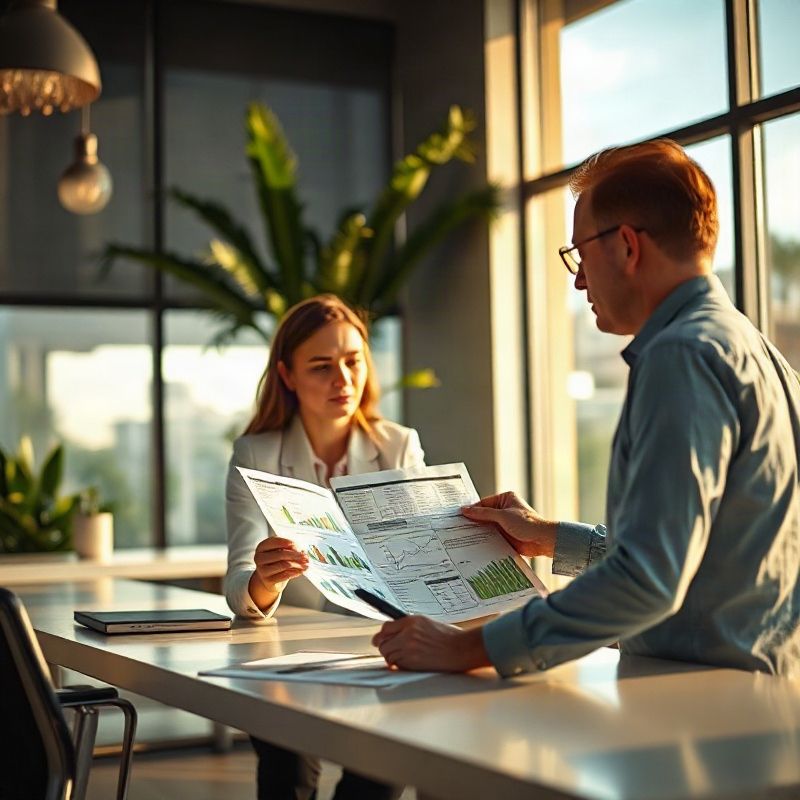 Two professionals reviewing printed property analysis charts in a Brasília office