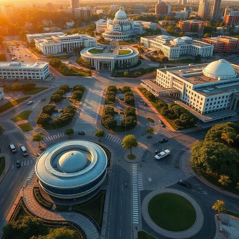 Aerial view of Brasília's planned boulevards at golden hour