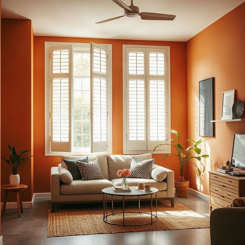 Styled rental apartment interior with warm terracotta and slate accents