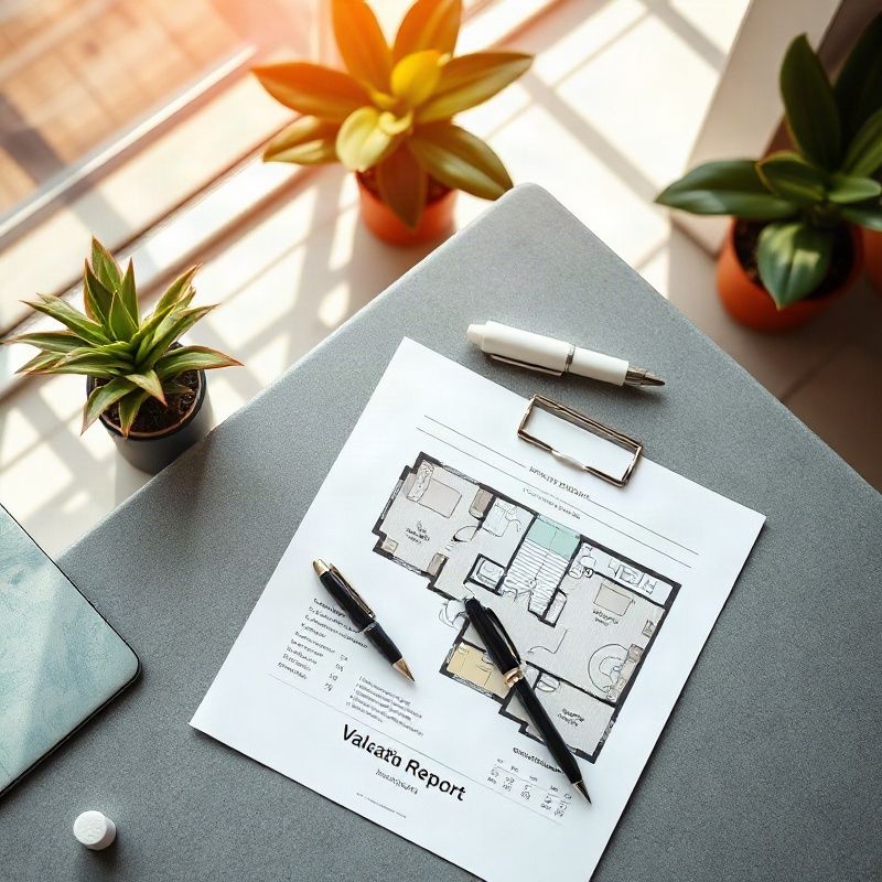 Overhead shot of a professional real estate valuation report on a slate-grey desk